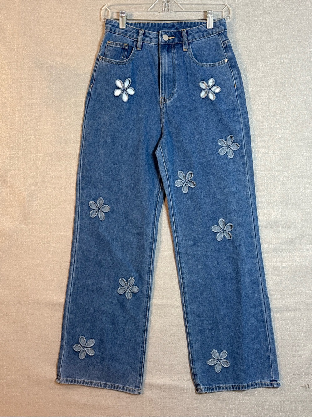 Cider Blue Denim Straight Leg Jeans with Floral Appliqués